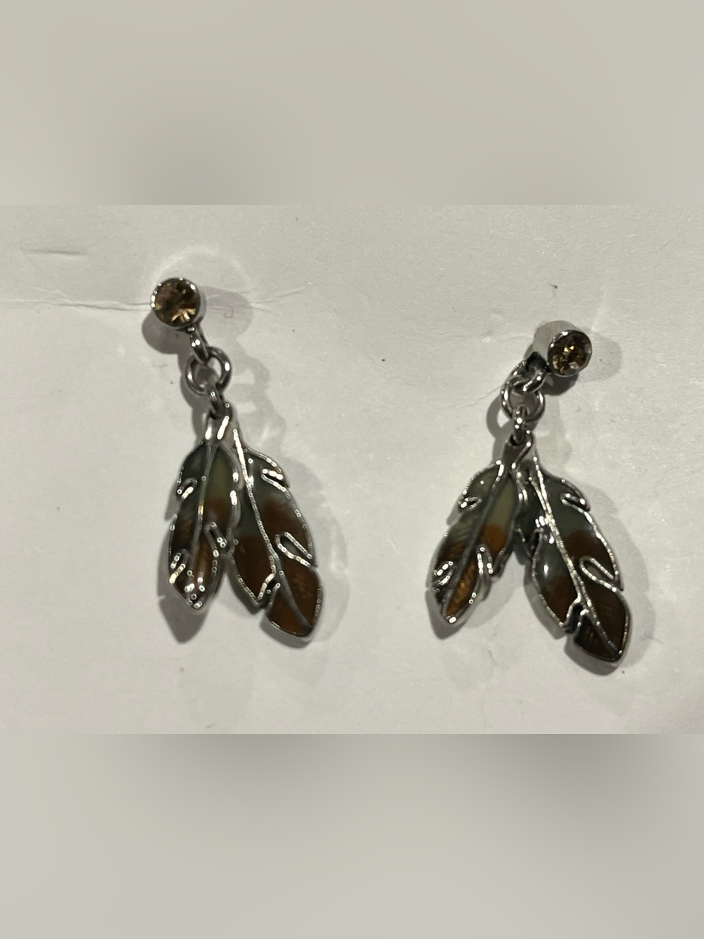 Silver Leaf Drop Earrings with Brown Accents
